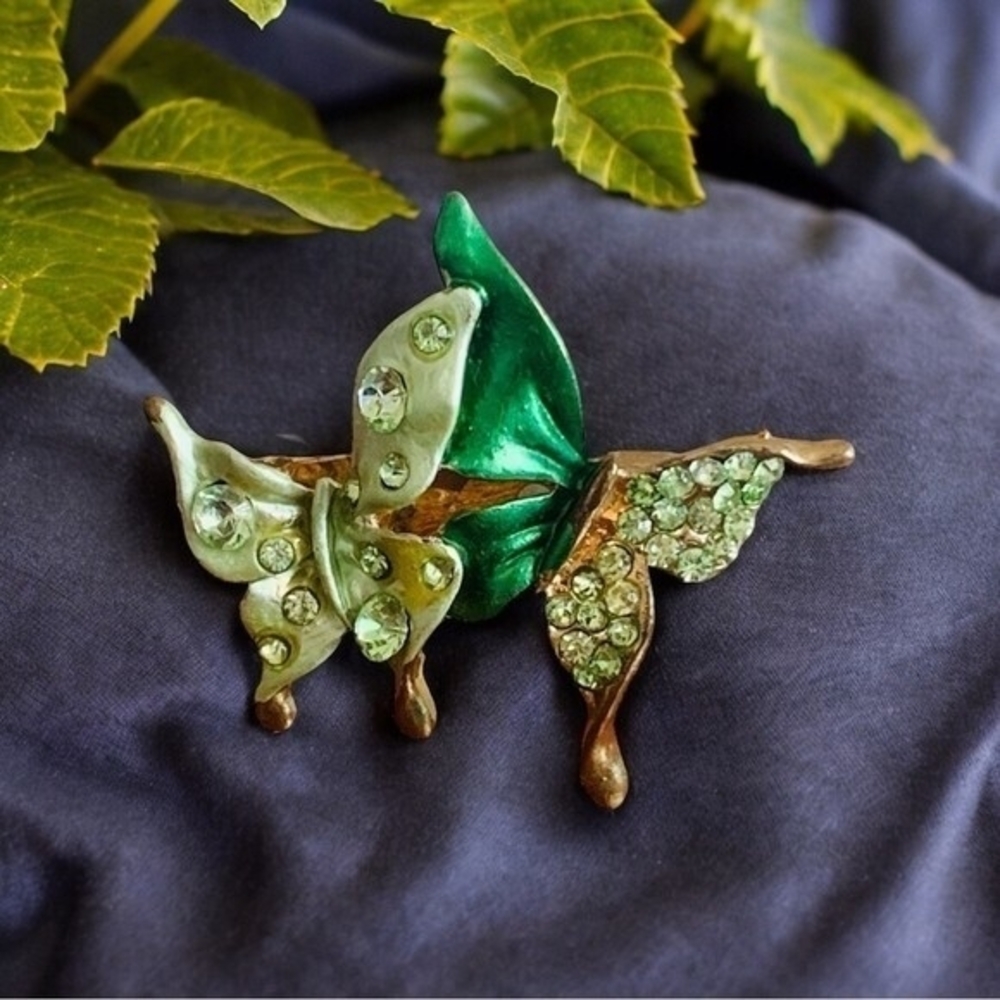 Vintage Green Crystal Butterflies Brooch 2"x1.25" Gold Tone Pin VG